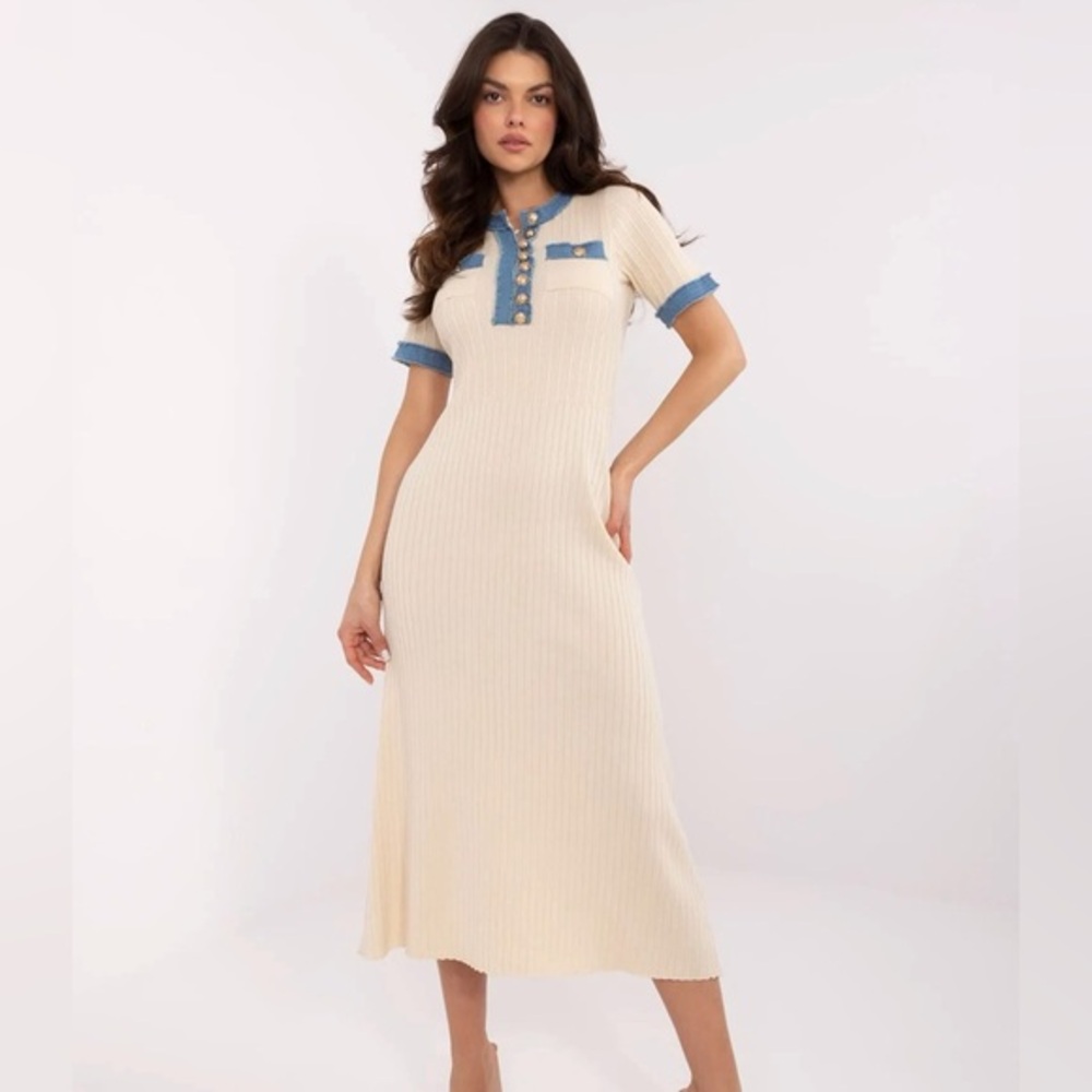 Micas Elegant Cream and Blue Women's Dress S MC6-47